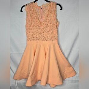 Peach Lace Fit and Flare Dress Sleeveless Dress w Scalloped Lace Bodice Detail